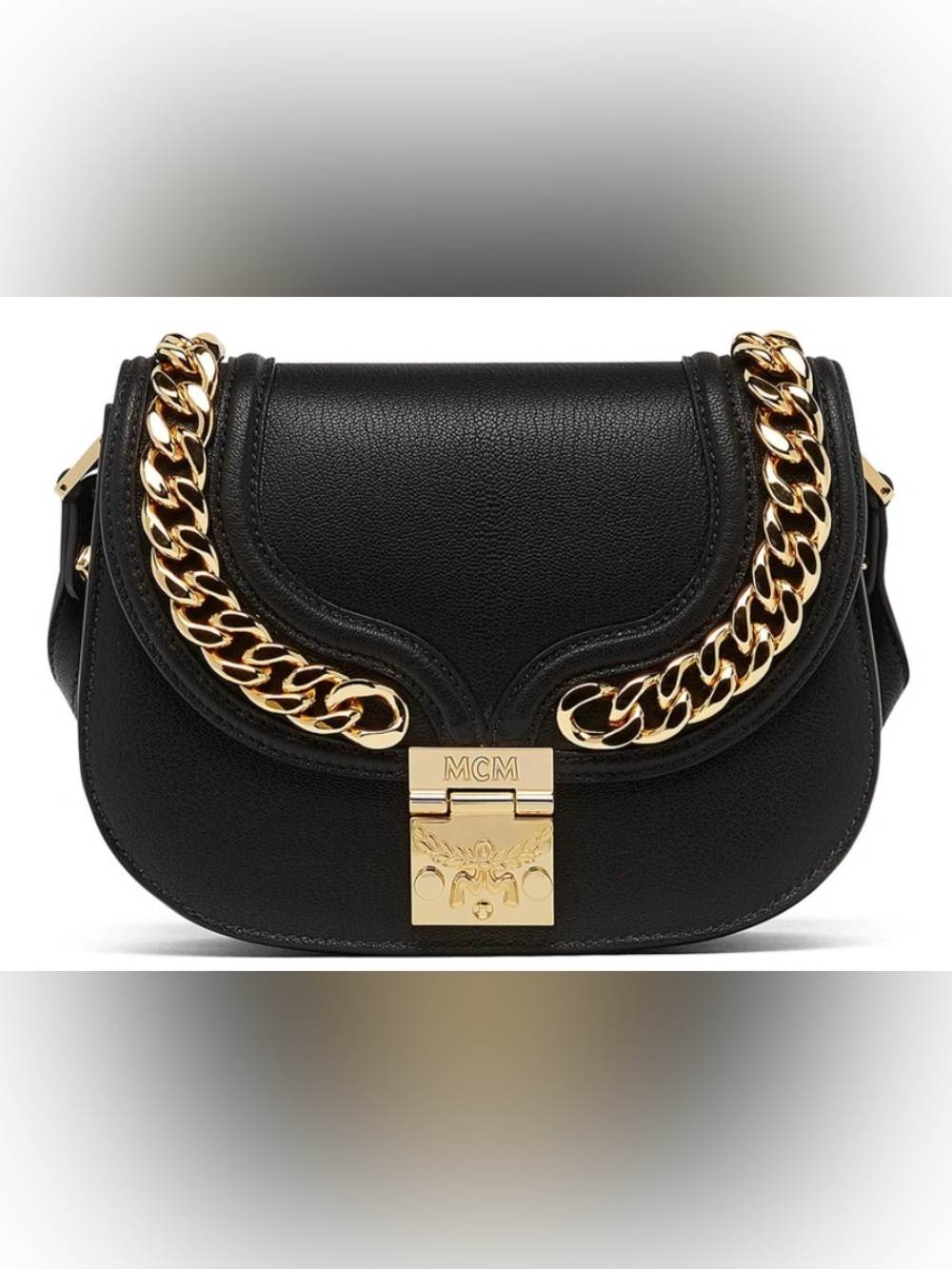 MCM Black Leather Crossbody with Gold Chain Detail